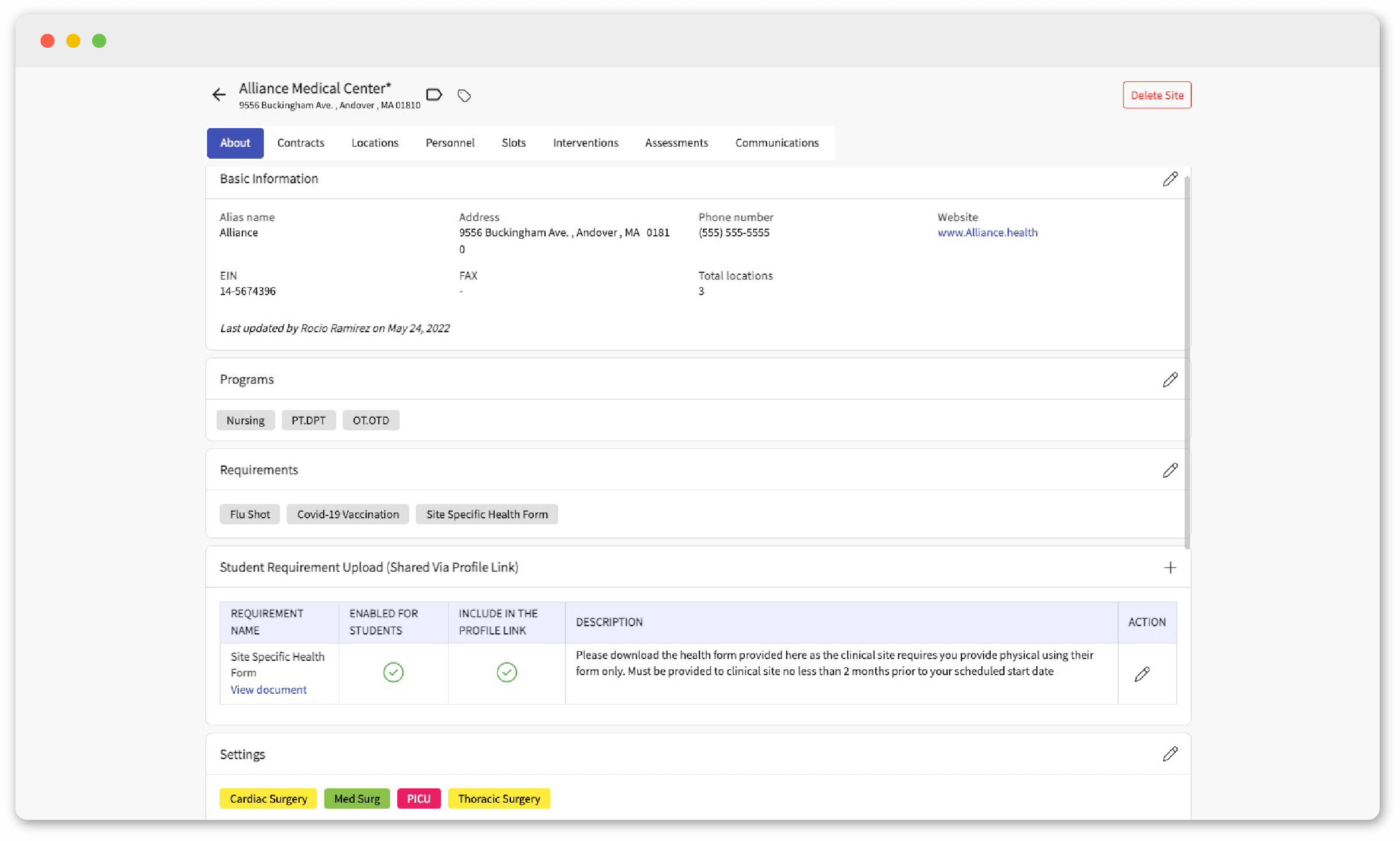 screenshot of Exxat Prism